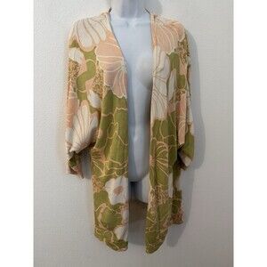 Tori Richard Kimono Sweater Green Pink Floral Hawaiian Silk Blend Size M
